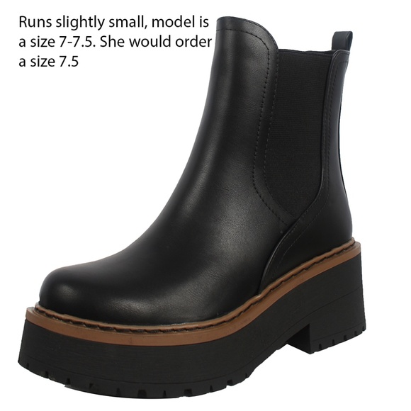 Black Brown TrimChelsea Chunky Lug Sole Mid Heel Ankle Bootie - Picture 4 of 6